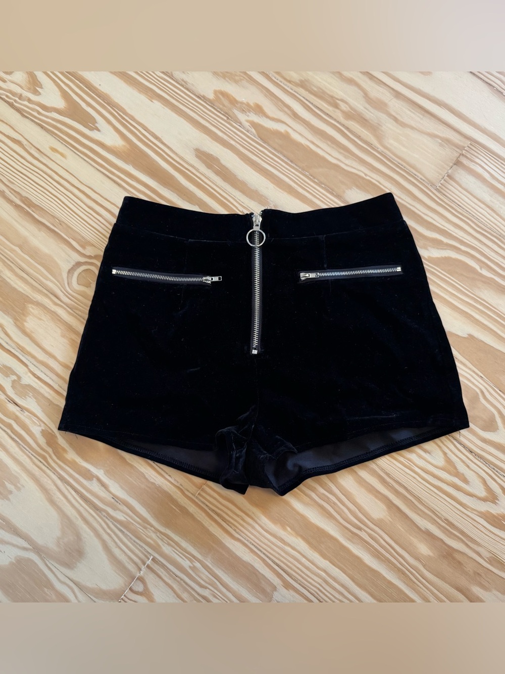 by the way. Black Velvet High-Waist Zip Front Shorts